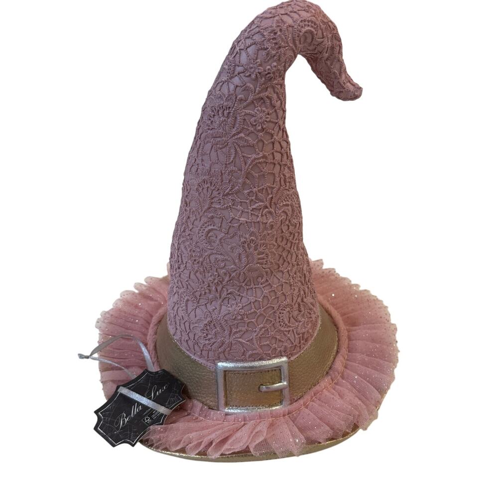 Bella Lux Pink‎ Witch Hat Halloween Decor Lace Tulle Gold Trim Whimsical Glam